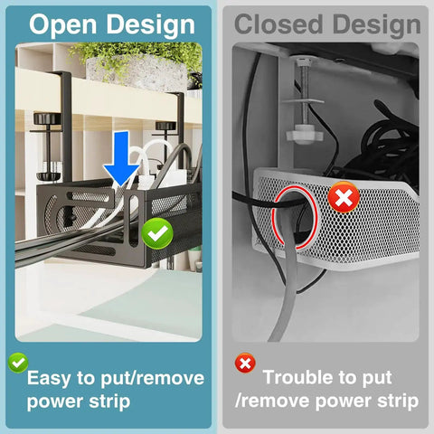 Comparison of open vs closed design for No Drill Under Desk Cable Tray With Clamp Mount Fifteen Point Seven Inch Cord Organizer.