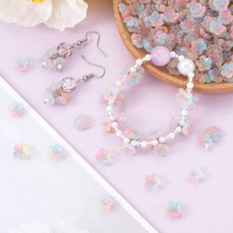 Plum Blossom Five Petal Gradient Acrylic Flower Beads 100 Pieces Pink Blue for DIY Jewelry Making, Hair Accessories, Bracelets, Earrings.