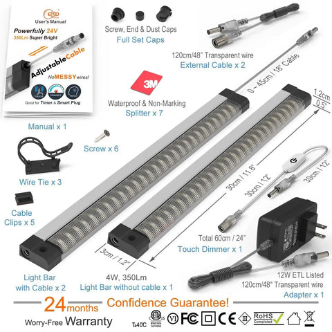 Under Cabinet LED Lighting Kit With Built In Adjustable Cable No Mess Wires Three Panel Under Counter Lights for kitchen setup