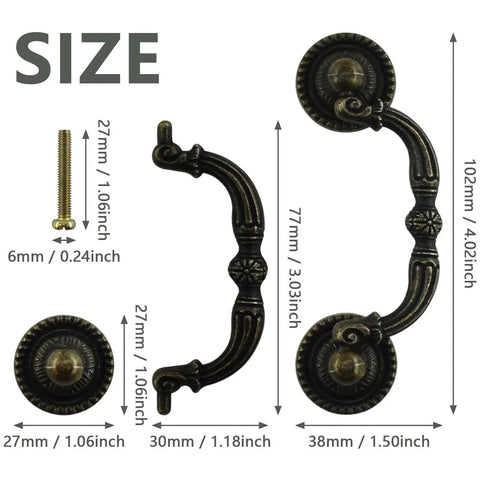 Two Pack 3 Inch Bronze Vintage Antique Style Drawer Pull Handles For Cabinets Dressers Cupboards And Wardrobes shown with dimensions