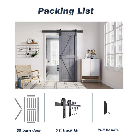 Grey Wood Barn Door Slab 30 Inch By 84 Inch With Included 60 Inch Barn Door Hardware Track Kit Double Surfaces Simple Assembly Required K Frame Rustic Modern Style For Home Or Office installed in living room