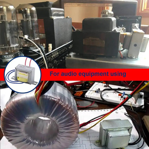 Two Pack 110V To 12V AC Power Transformer 10W 50/60Hz Output For Synchronous Motors Lighting And Audio Gear Built Tough With Mounting Holes And Rust Resistant Finish shown in use with audio equipment.
