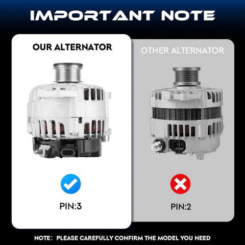 Comparison of new 2.5L alternator replacement for Nissan Altima 2007-2013 with 3-pin connector and another alternator with 2-pin connector.