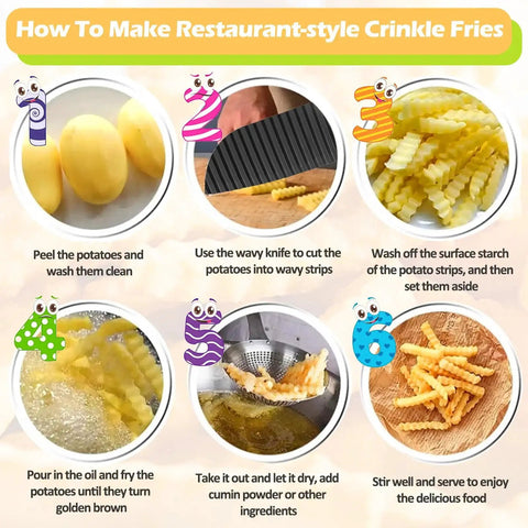 Crinkle Cutter Wavy Slicer For Veggies And Potatoes French Fry Cutter Stainless Steel Potato Slicer Chopper With Fancy Edges For Cucumbers Carrots Zucchini Apples And Onions Kitchen Gadget By JAYVAR diagram showing steps to make restaurant-style crinkle fries