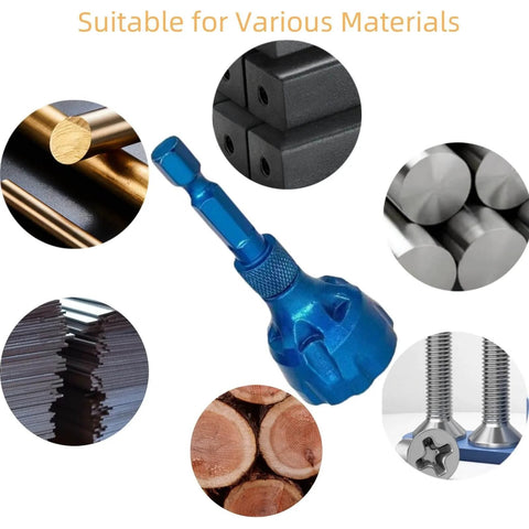 Two Pack External Deburring Chamfer Tool With Carbide Blades And Quick Release Hex Shank Heavy Duty Burr Removal Drill Bit in blue, surrounded by various material types.