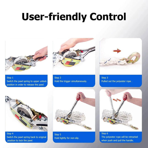 User-friendly control steps for 3/4 Ton Capacity Rope Puller With 100 Feet Of 0.6 Inch Rope Come Along Winch shown in action.