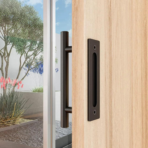 Two Sided 12 Inch Sliding Barn Door Handle Hardware With Round Grip And Flush Pull on wooden door, black stainless steel