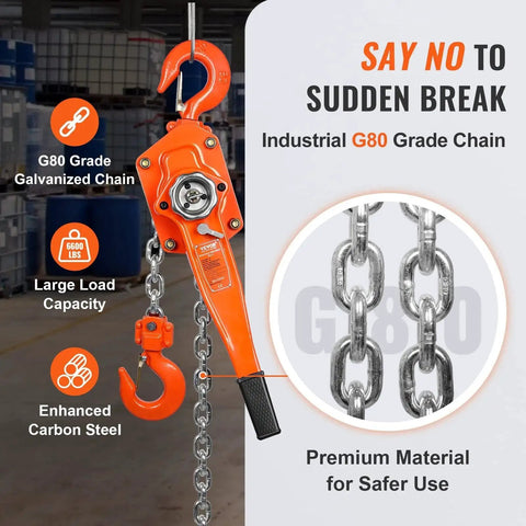 Manual Lever Chain Hoist 3 Ton 6600 Lb, 20 Ft, G80 Weston Brake 360 Degree Hook with G80 chain and orange handle