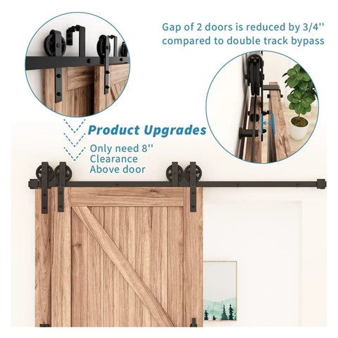 Antique Style Bypass Sliding Wood Barn Door Hardware Kit With Black Top Mounted Tracks And Bearing Rollers For Double Doors