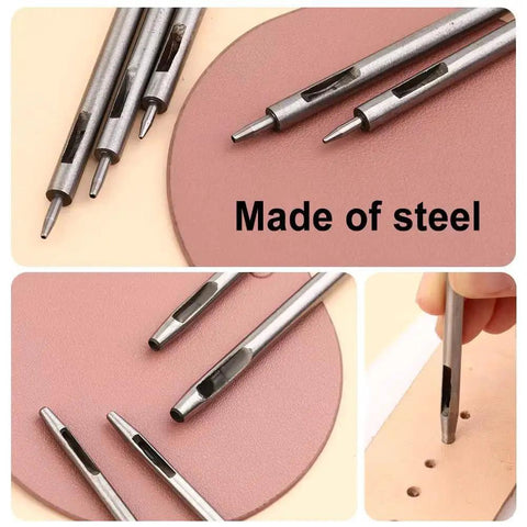 Leather Hole Punch Tool Set With 10 Round Punch Sizes From 0.5mm To 3.5mm, carbon steel, for belts, canvas, watch bands, shown on leather
