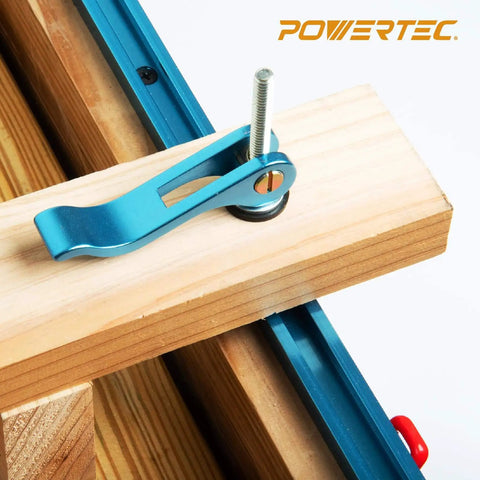 Two Pack 1/4-20 Cam Lever Clamps With 3 Inch T-Track Bolts for Quick Release Woodworking Jigs and Fixtures installed on wood