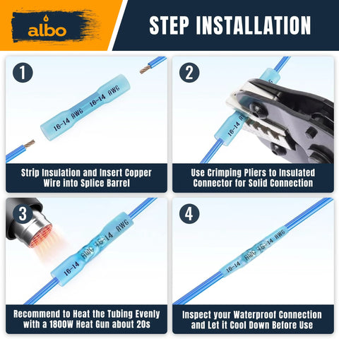 ALBO blue insulated heat shrink butt connectors for 16-14 AWG copper wires; four-panel step-by-step installation infographic