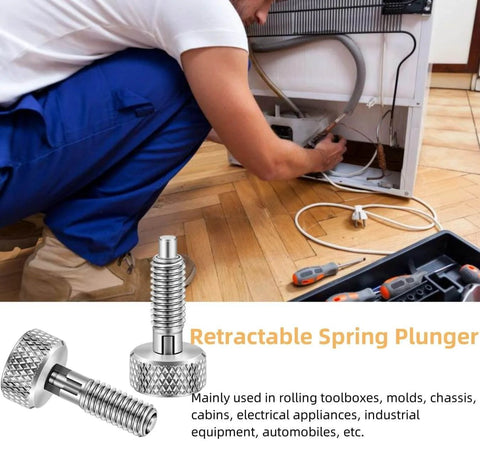 Hand Retractable Spring Plunger M10 Stainless Steel Quick Release Pin Lockout Pin With Nut And Knurled Handle in use on toolbox.