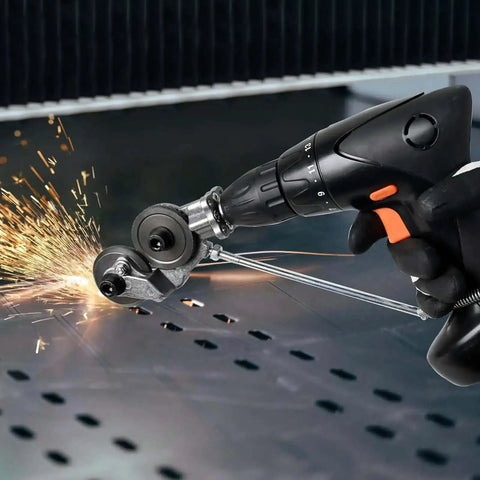 Beastly Heavy Duty Drill Plate Cutter Attachment For Sheet Metal Cutting Nibbler Drill Kit in action, cutting metal sheet