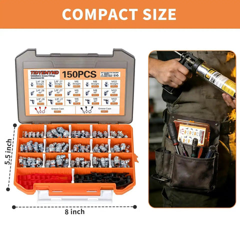Grease Fittings Assortment Set With SAE And Metric Zerk Fittings 150 Pieces shown in compact case with fitting caps