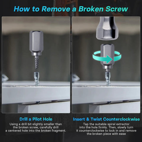 Instructions for using 15 Piece Screw Extractor Set for Stripped Bolts and Screws, Easy Out Bolt Extractor Kit, two-step process shown