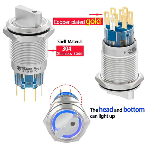 Three Position 19mm Rotary Switch With Blue LED Indicator For 12V 24V DC Or AC, UL Certified, Stainless Steel 304, DPDT 8Pin