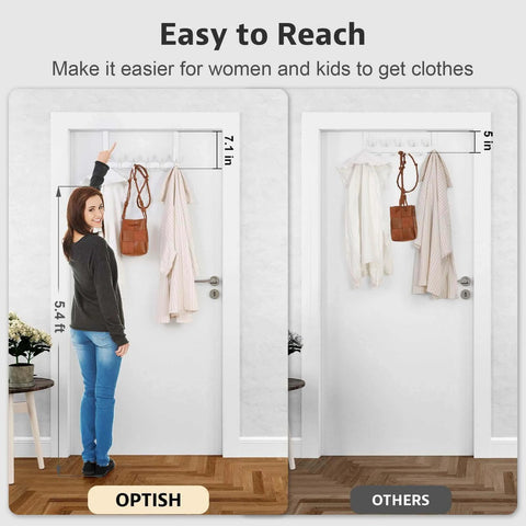 Comparison of door-mounted coat racks showing easy reach for shorter individuals on left and higher positioning on right