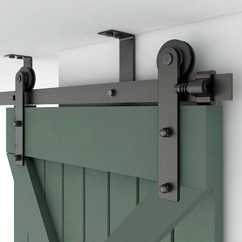 Close-up of 9 Ft Ceiling Mount Sliding Barn Door Hardware Kit For 54 Inch Wide Single Wood Door Built Tough Steel Smooth And Quiet Operation
