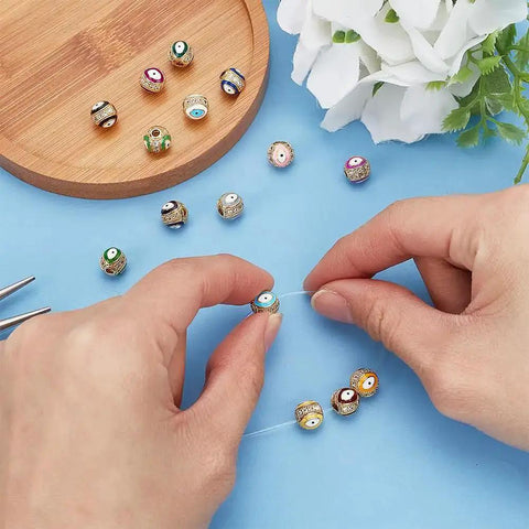 Evil Eye Brass Golden Cubic Zirconia Beads Set 15 Colors Round Spacer Beads For DIY Jewelry Bracelet Making 8.5x7.5mm 2mm Hole Disco Ball Charms
