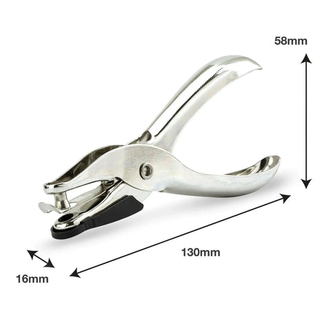 Side view of Three Pack Single Hole Punch Pliers Set With 10 Sheet Capacity, showing ergonomic handle in silver finish.