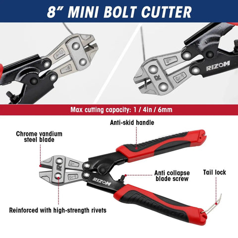 8 Inch Mini Bolt Cutter with chrome vanadium steel blade, anti-skid handle, and tail lock for cutting wire and chains