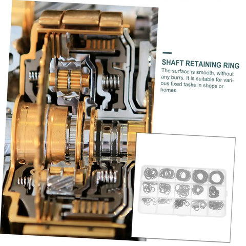 Mechanical assembly close-up with 175 Piece Steel C Type External Circlip Snap Ring Assortment Kit For Automotive And Machinery In Clear Storage Case With Easy Size Access Durable Retaining Clips For Repair And Maintenance Of Mechanical Assemblies visible inset.