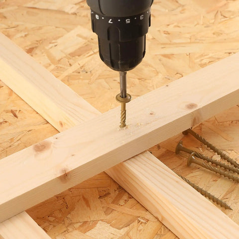 Heavy Duty 6 Inch Lag Screws Kit For Outdoor Wood And Structural Fastening Bronze Carbon Steel Washer Head Rust Resistant Epoxy Coated T30 Star Bit 96 Pieces 4 Lb Total Weatherproof Long Lasting Exterior Screws in use, showing drill and screw installation in wood.