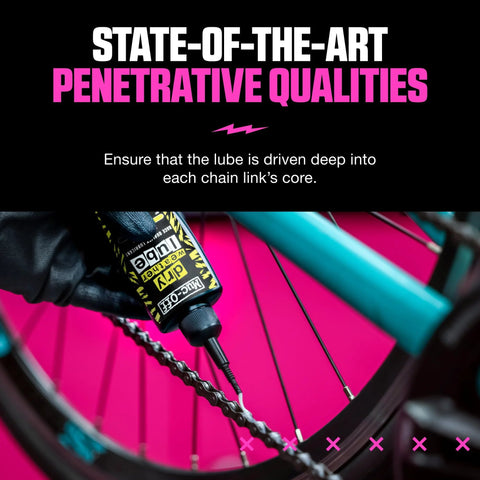 Muc-Off Bio Dry Bike Chain Lube 50ml bottle with pipette being applied to bike chain; gloved hand, pink background