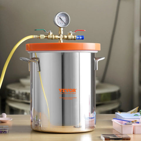 VEVOR 3-Gallon stainless steel vacuum chamber with orange lid and top gauge.