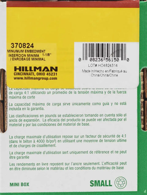 Rear packaging view of hex head sleeve anchor box showing minimum embedment, barcode, and manufacturer details.