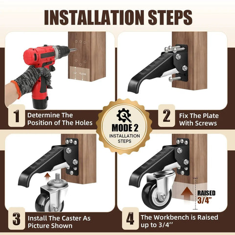 Installation steps for Heavy Duty Workbench Casters Kit 900 Lbs Quick Release With Two Mounting Options, showing drill, screws, and caster.