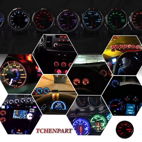 7 Color LED Backlit Oil Pressure Gauge 0-140 PSI 52mm 2 And 1 16 Inch Dial With Sensor Displayed in Various Lighting Settings