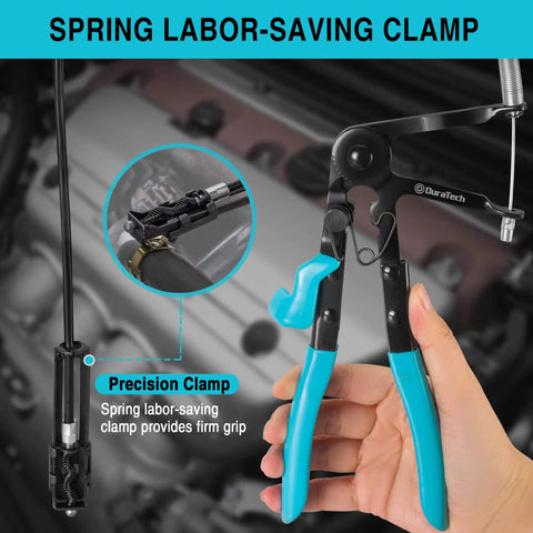 Long Reach Hose Clamp Pliers 27 Inch Flexible Radiator Clamp Tool With Ratchet Locking Mechanisms in use on engine