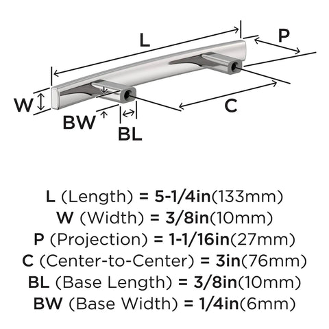 Diagram of Cyprus 3 Inch Center To Center Polished Chrome Cabinet Pulls Set Of 10 for Cabinets Drawers showing measurements and dimensions