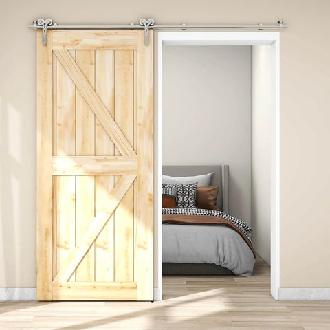 6Ft Barn Door Sliding Track Kit In Stainless Steel Heavy Duty Hardware For Single Wood Door Up To 220 Lbs Y Shape Hanger Quiet Smooth Glide Rust Resistant Easy Install Modern Farmhouse Decor Durable Track And Roller System installed in bedroom doorway