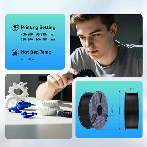 Person observing 3D printed gears, High Speed ABS 3D Printer Filament 1.75mm Black, 1Kg Spool next to filament specifications chart