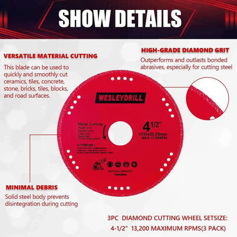 3 Pack 4.5 Inch Diamond Cutting Off Wheels Set For Seven Eighths Inch Arbor shown with detailed cutting capabilities