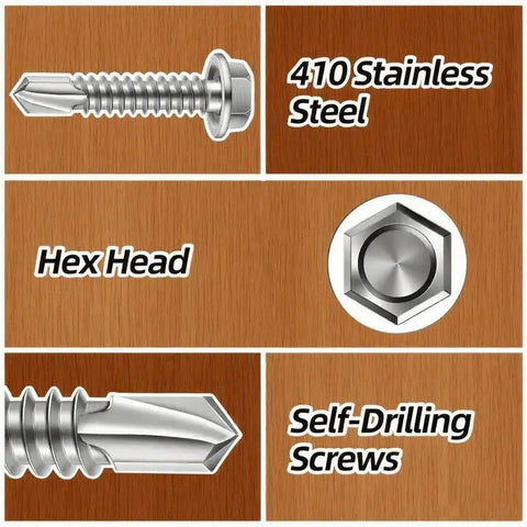 125 Piece Self Tapping Screws Kit In 410 Stainless Hex Head Assortment For Sizes Ten And Twelve, screw features and details.