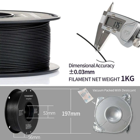 Glass Fiber Reinforced PETG Filament 1.75mm spool for 3D printing, dimensional accuracy ±0.03mm, 1kg, frosted black, with caliper measurement