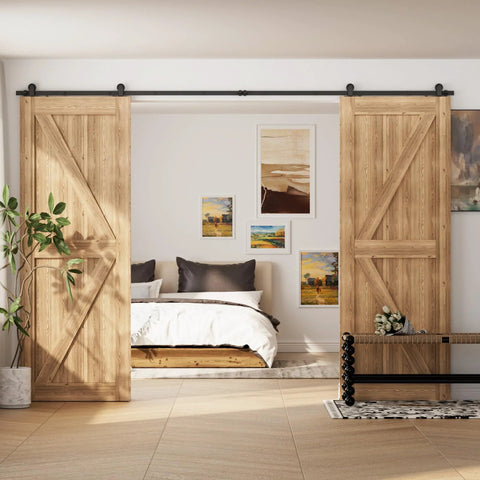 Six Foot Sliding Barn Door Hardware Kit With Double Track, Heavy Duty T Shaped Style In Black Finish, installed in modern bedroom