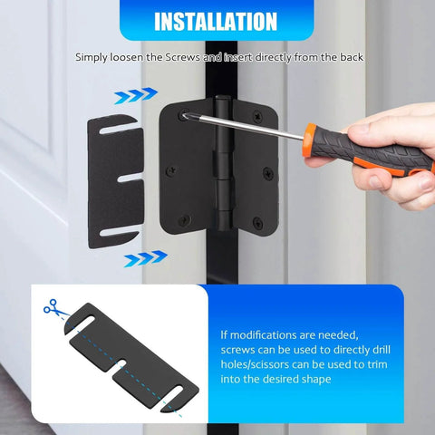 Installation of Door Hinge Shims For Interior Door Alignment, showing insertion tool and shim positioning, 0.060 Inch Thick, 15 Pack.