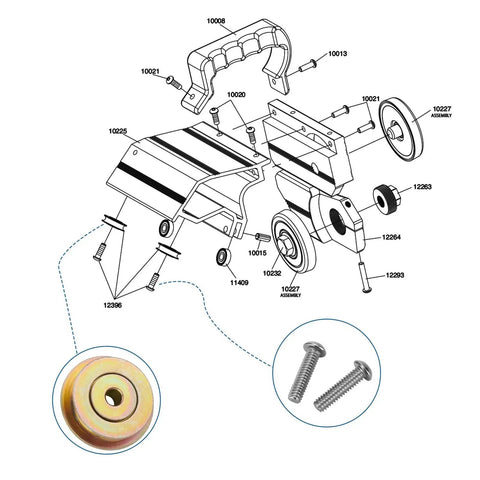 Exploded diagram of Cut-Off Flange Track Bearing Repair Kit for Siding Brake Tools with rollers, screws, and lock nuts.