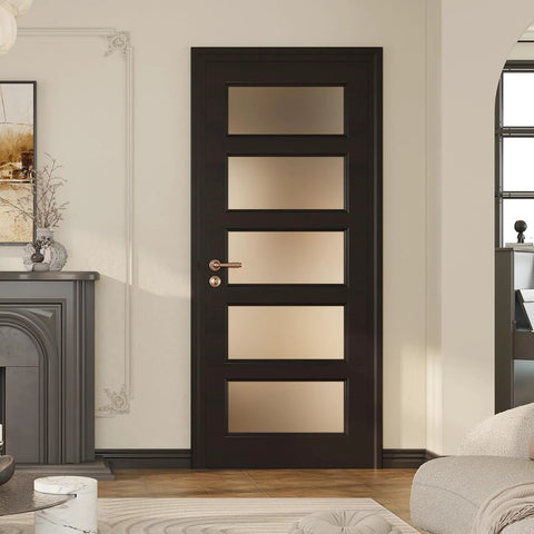 Front view of Sleek 30x80 Black Frosted Glass Slab Door With Five Lite French Look Solid Wood Barn Style Pre Assembled Pocket Door