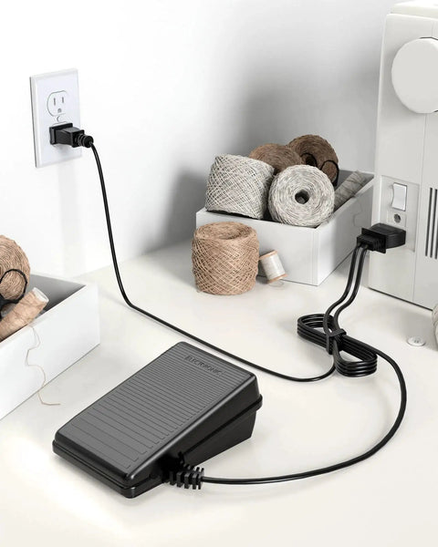 Foot pedal power cord replacement for Singer sewing machines; black pedal and cord, D-shaped plug.