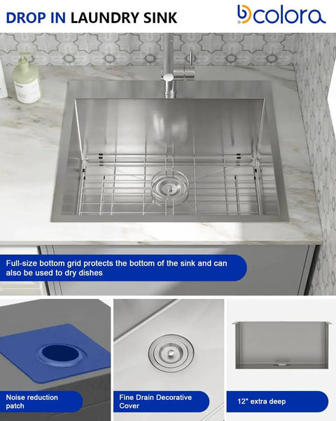 Drop In Laundry Room Sink With 12 Inch Depth, 16 Gauge 304 Stainless Steel, 25 By 22 Inch Single Bowl Utility Sink, Dcolora DC-L7701
