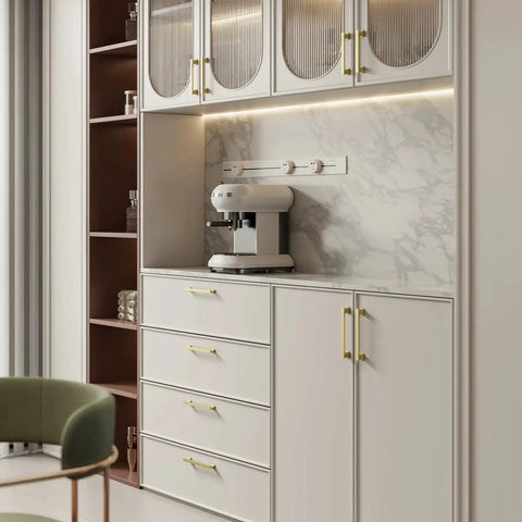 Gold Brushed Cabinet Handle Set Of 20 With Five Inch Center To Center Square Pulls on white kitchen cabinets