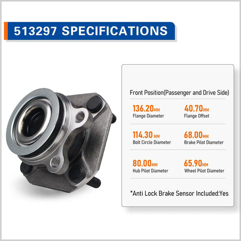 Front Wheel Hub And Bearing Assembly For 2007 To 2012 Nissan Sentra 2.0L With ABS Top Notch Replacement Hub Unit shown with specifications
