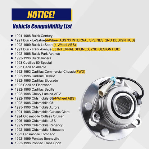 Product image showing compatibility list for Front Wheel Hub and Bearing Assembly 513087 and close-up of the part