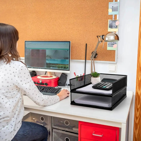 Office desk with Two Pack Wire Mesh Letter Trays for Desk, stackable paper organizer, holding documents in a home office setup